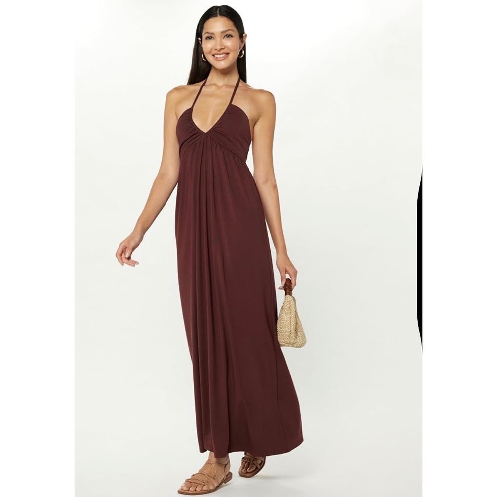 The Drop Mahogany Brown Halter V-Neck‎ Smocked Maxi Dress quiet luxury chocolate